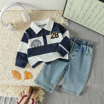 Four-Season Style Baby Boy Striped Polo Shirt + Denim Pants, Classic and Timeless Striped Design, Suitable for Everyday Wear and Outings