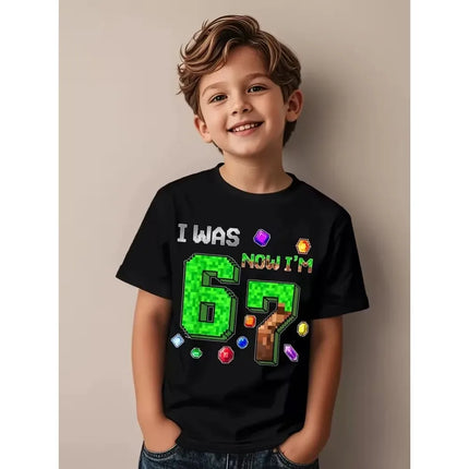 Summer Kids Short Sleeve Tops Children Cotton T-Shirt 'I WAS 6 NOW I'M 7' Birthday Print Casual Versatile Boys Streetwear Tshirt