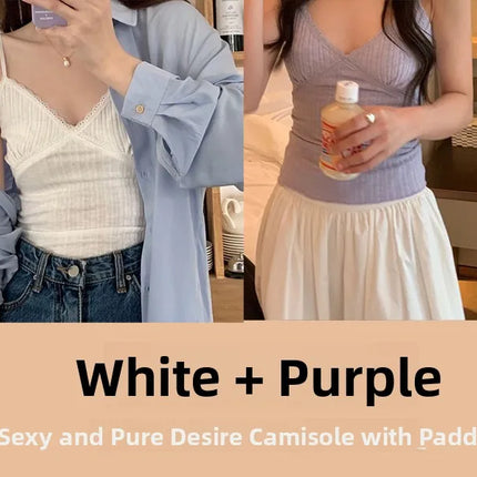 Pure Desire Lace Trim Camisole Tank Top with Chest Pad Summer Slimming Inner Wear Outerwear Beautiful Ba Boting Underwear