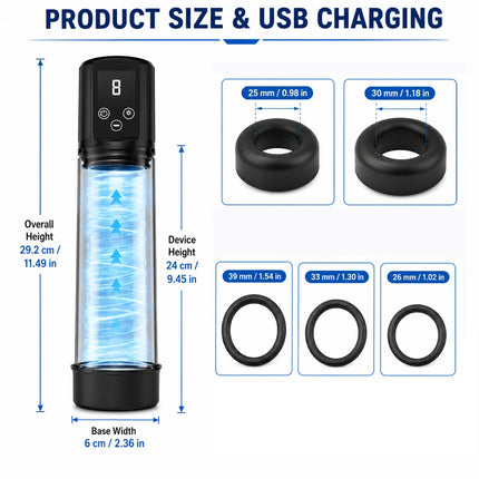 Vacuum Pump Adult Rechargeable for Men, Electric Suction Enhancer with Adjustable Modes, Rings and Silicone Cup for Wellness