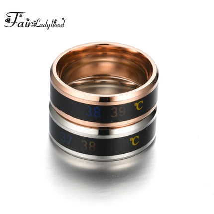 FairLadyHood Black Silver Color Gold Rose Blue Color Intelligent Thermometer Temperature Men Women 316L Stainless Steel Couple