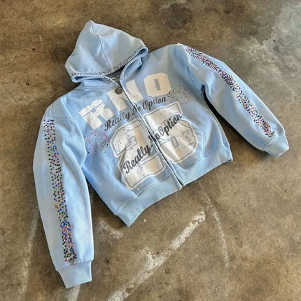 Y2K E-Girl Light Blue Washed Zip Hoodie Women Leopard Trim Letter Print Oversized Cropped Streetwear Jacket 2026