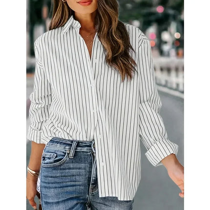 Plus Size 1XL-5XL Women's Casual Striped Long Sleeve Button Shirt New Fashionable Cotton Polyester Blend Top