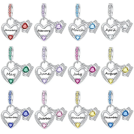 925 Sterling Silver January-December Birthday Stone Love Zircon Pendant Bead Fit Charms Necklace Bracelet Women Jewelry DIY Gift