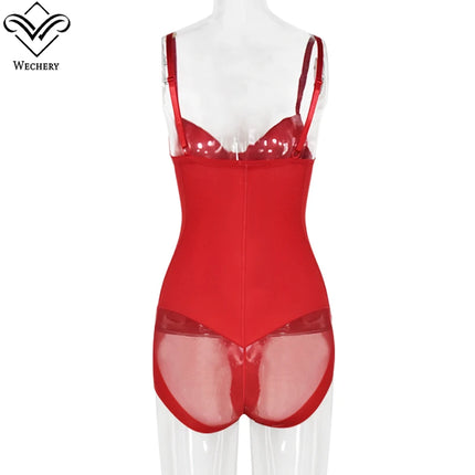 Wechery Red Top Women Camisole Bodysuit Body Shaper Butt Lift Lace Open Crotch Slim-fit Female Clothing