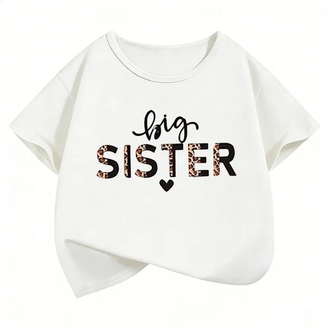Fashion Big Sister Leopard Print T-Shirts Short Sleeve Kids Children's T-shirt Girls Summer Spring Casual Top Tee Shirt