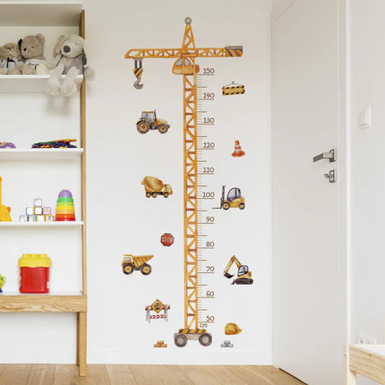 Cartoon Crane Construction Height Chart Wall Sticker Kids Growth Measurement Decal Removable Self-Adhesive Vinyl For Nursery