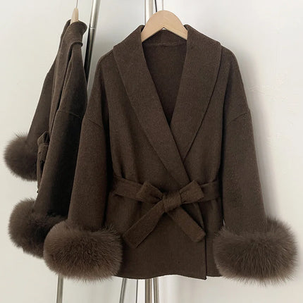 DFDG Short Lace-Up Lapel Cashmere Wool Coat for Women's Fashion Temperament 2024 Autumn and Winter New Collection