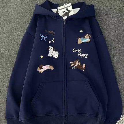 Classics Sweet Cute Gentle Cartoon New Puppy Embroidery Zip Up Hoodie Women Jacket Lined Loose Casual Sweatshirt for Women