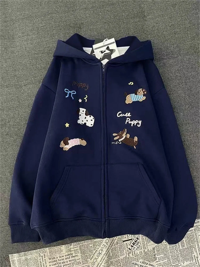 Classics Sweet Cute Gentle Cartoon New Puppy Embroidery Zip Up Hoodie Women Jacket Lined Loose Casual Sweatshirt for Women
