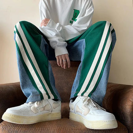 Mens Y2K Tracksuits Denim Drawstring Casual Pants Street Straight Pants Unisex Fashion Stitching Contrast Jeans Hip-Hop Trousers