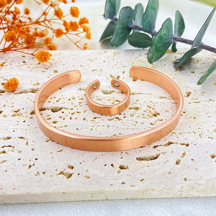 Set Pure Copper Bracelets and Rings for Women Men Simple Cuff Magnetic Bangles Arthritis Health Solid Copper Jewelry