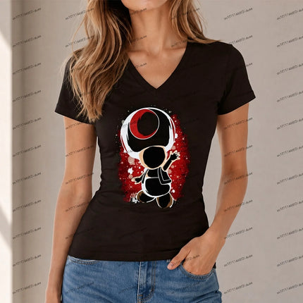 Anime Super Mario Women T-shirt Cuteore V Neck Short Sleeve New Women's XS-5XL Party Summer Fashion Female Clothing Hot Sale