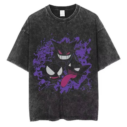 2026 Anime Washed Vintage Summer Pokemon Gengar Short Sleeve Tee Graphic T-Shirt Man Women Cosplay Casual Tops Y2k Streetwear