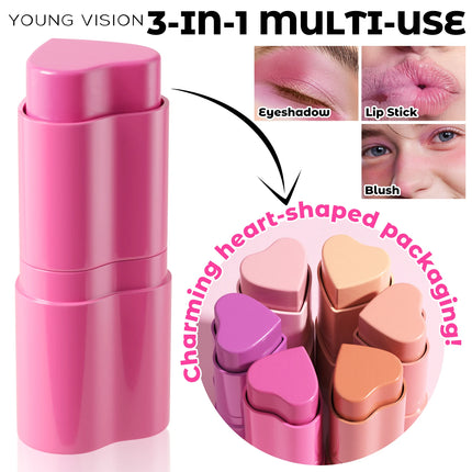 YOUNG VISION 6-Color Matte Heart Blush, Contour Stick, Face Sculpting Mousse Blush, and Lipstick 3-in-1, gift 1pcs makeup brush