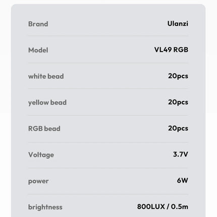Ulanzi VL49 RGB Camera Light LED Video 2500K-9000K 800LUX Magnetic Mini Fill Light 3 Cold Shoe 2000mAh Type-C for Youtube