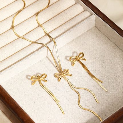 DGIDDK Stainless Steel Necklace French Atmosphere Delicate Bow Tassel Collar Chain For Women Jewelry Daily Match Birthday Gift