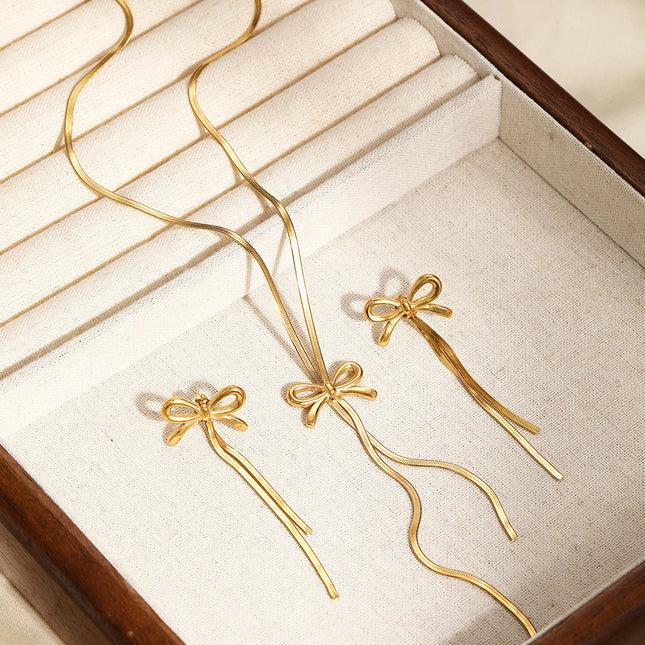 DGIDDK Stainless Steel Necklace French Atmosphere Delicate Bow Tassel Collar Chain For Women Jewelry Daily Match Birthday Gift