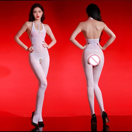 Oil Shiny Crotchless Bodystocking Women Sexy Lingerie Neck-Hanging Backless Sheer Full Body Stockings Shiny Pantyhose Dance Wear