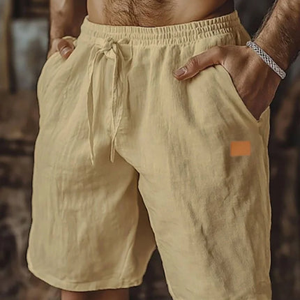 New Summer Men's Cotton Linen Shorts Comfortable Loose Fit Elastic Drawstring Waist Casual Beach Shorts Breathable