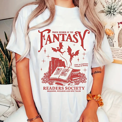 Women's Fantasy Readers Society Graphic T-Shirt Casual Round Neck Short Sleeve Tee with Slight Stretch Book Lovers Casualwear