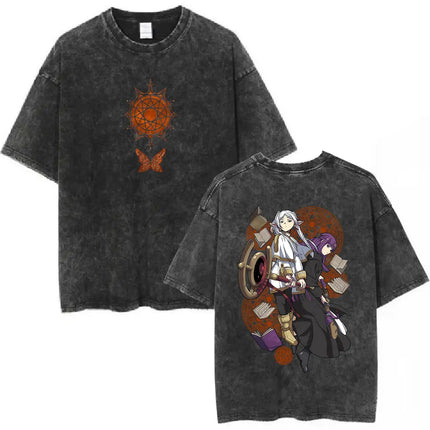 Anime Frieren: Beyond Journey's End Graphic Washed Vintage T-shirt Men's Women Fashion Short Sleeve Cotton Casual Loose T Shirts