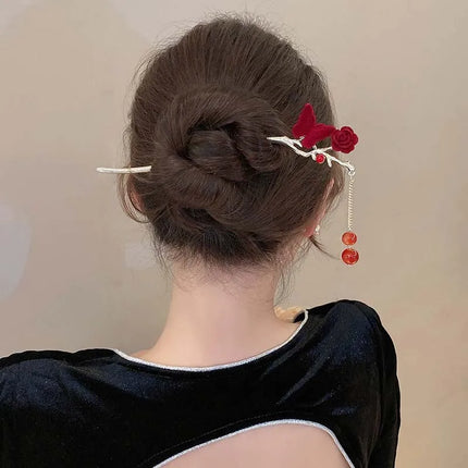 Rose Flower Hair Stick Tassel Hairpin Chinese Wedding Accessories Hairpin Hair Stick Female Hair Ornament Styling Tools