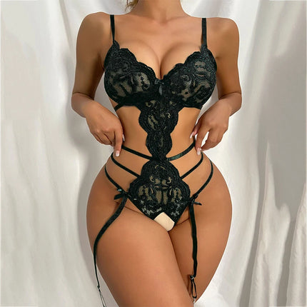 Lace Seamless Bodysuit Open Babydoll Open Pajamas Deep V Open Bra Crotchless Garter Set Hot Women's See-Through Sex Lingerie