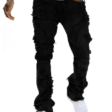 2025 New European and American men's casual jeans, street punk fashion, retro, ripped hole, slightly flared tassel elastic jeans