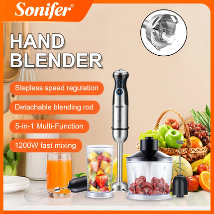 Sonifer 1200W 5-in-1 Immersion Hand Blender Set SF-8091S, Stepless Speed, 500ml Chopper, Whisk, Milk Frother, 600ml Beaker