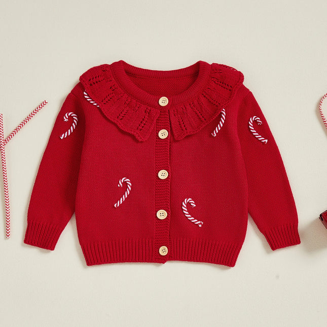 Toddler Girl Christmas Knit Sweater Cardigan Long Sleeve Ruffled Round Neck Button Down Candy Cane Embroidery Sweater