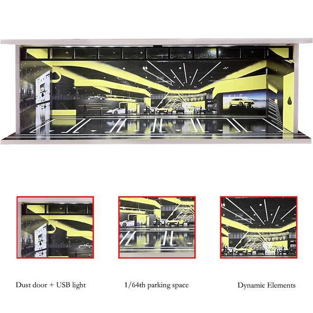 1/64 Scale Car Garage Diorama with USB LED Light Realistic Parking Lot Display Case for Model Cars & Miniature Vehicles