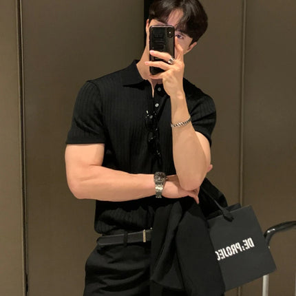 Summer Men's Retro Knitted Lapel Striped Polo Shirt Solid Color Short Sleeve Fashion Light Luxury Popular Knitwear M-3XL