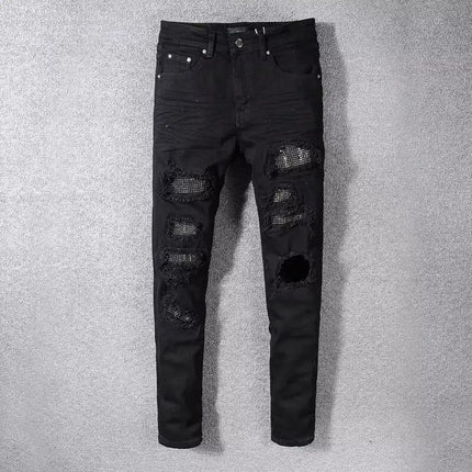 Jeans for Man Original 2025 High Street New Black Ripped Patch Jeans Men's Brand Elastic Slim-fit Small Feet Pants Skinny Jeans