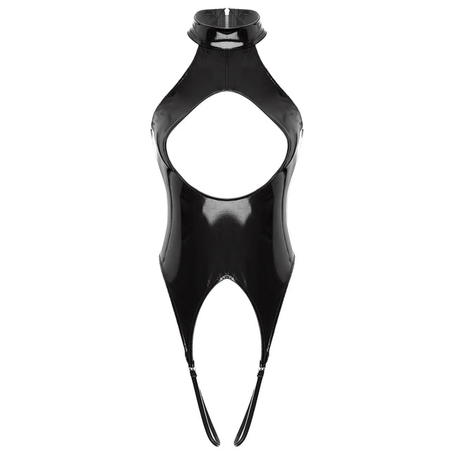 Sexy Adult Womens Cut Out Crotchless Catsuit Jumpsuit Lingerie Female Wet Look Body Costumes Patent Leather Bodysuit Underwear