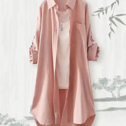 Plus Size Women Simple Long Sleeve Blouse Chic Korean Style Loose Fit Breathable Shirt Casual Autumn Solid Color Midi Tunic Tops