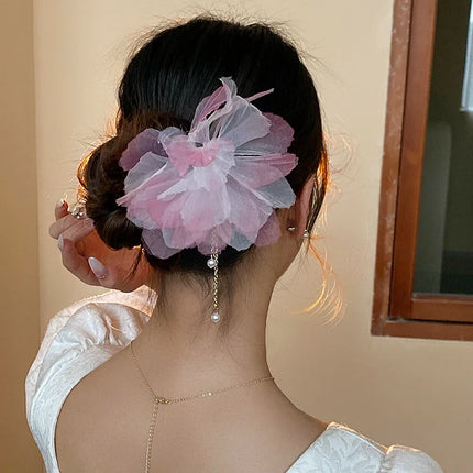 New Chinese Style Gentle Gradient Fabric Flower Hair Sticks for Women Sweet Chains Tassel Imitation Pearl Hairpin Fairy Headwear