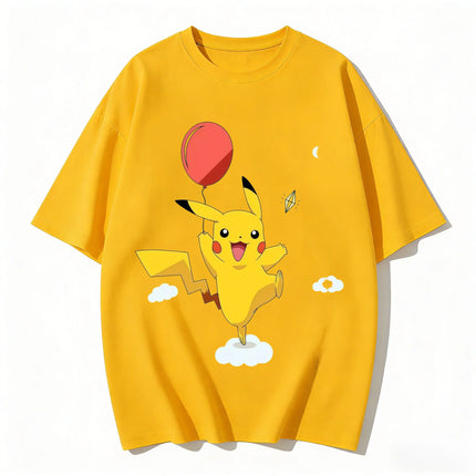 2026 New Cute Pikachu Balloon Print T Shirt Unisex Loose Casual Tee Men Women Kids Family Matching Short Sleeve Tops Streetwear