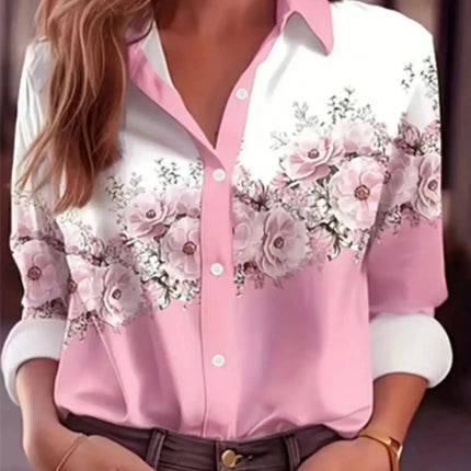 2025 Plus Size European And American Spring And Autumn Aomen's Color-Block Printed Long-Sleeved Lapel Button Shirt