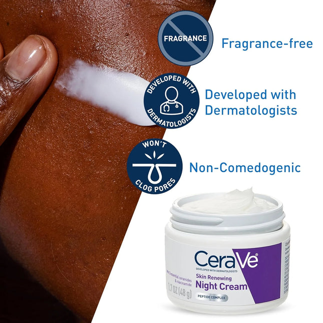 CeraVe Skin Renewing Night Facial Moisturizer with Peptide Complex Hyaluronic Acid & Ceramides, Daily Face Cream Care 1.7 Ounce