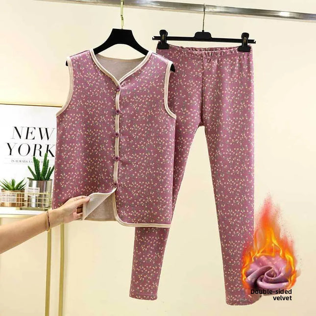 Warm Fleece Lined Velvet Home Clothes Set with Buttoned Knitwear Self Heating Anti Cold Two Piece Set for Women Autumn Winter