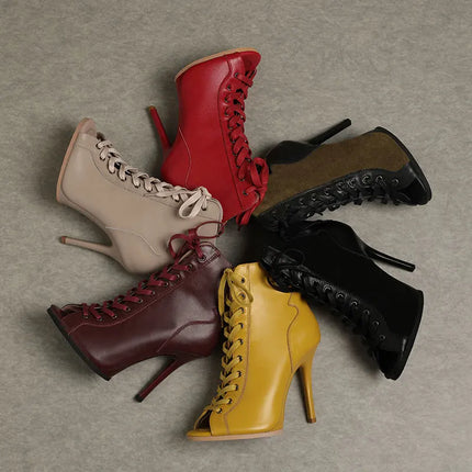 Women Heels Lace-up Black Apricot Boot Stilettos Jazz Dance Lady Shoes For Latin Dancing Outdoor Sexy Stilettos Natural Leather