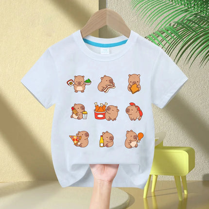 Cute Capybara Loves Bubble Tea print kids T-Shirt summer children's pure cotton short-sleeved casual tops boys and girls gifts