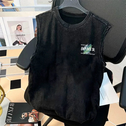 Personalized pure cotton printed retro washed American T-shirt summer vest men s sleeveless loose clothing high quality