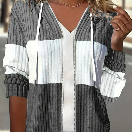 Women's Casual Color Block Hoodie Drawstring Zipper Jacket Streetwear Style with Pockets
