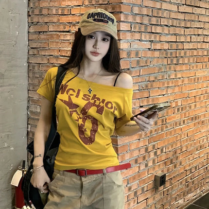 Y2k Sport Summer Off shoulder Top Women Sexy Vintage 2000s Short sleeve T shirt  Lady Body Basic Crop Top Female Casual