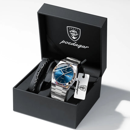 POEDAGAR Fashion Casual Men's Wristwatch Waterproof Luminous Date Week Men's Watches Stainless Steel Quartz Business Men Watch+Box