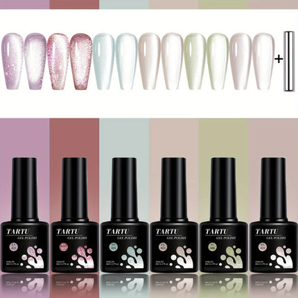 TARTU 6pcs 8ml Cat Eye Gel Nail Polish Set, 6 Colors Gel Polish Kit, Soak Off for Uv/Led, for Salon and Nail Art DIY At Home