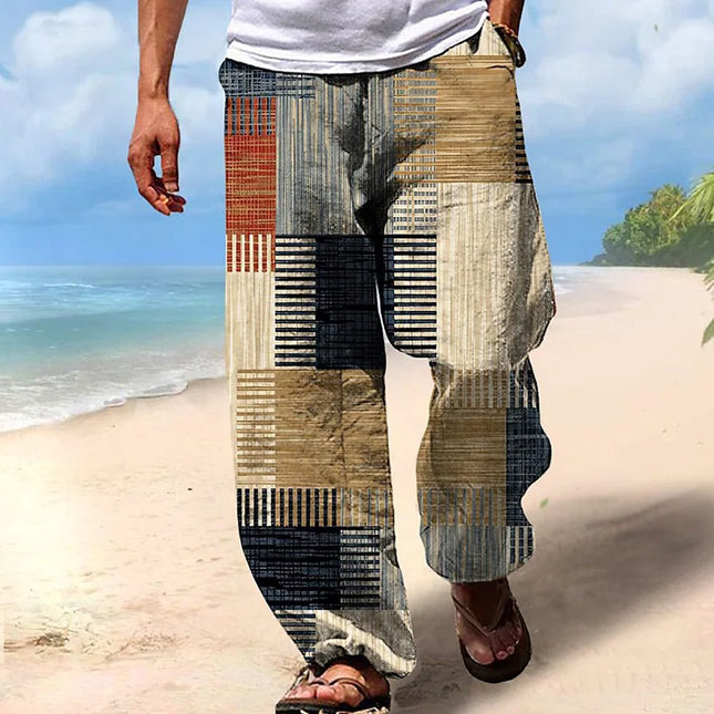 Summer Men Beach Pants 3D Geometric Print Drawstring Elastic Waist Straight Trousers Casual Loose Pants For MenA1