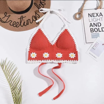 National Style Women's Swimwear Top with Chest Pads Bohemian Beach Wear Outfit Crochet Halter Neck Summer Sling Beach Vacation